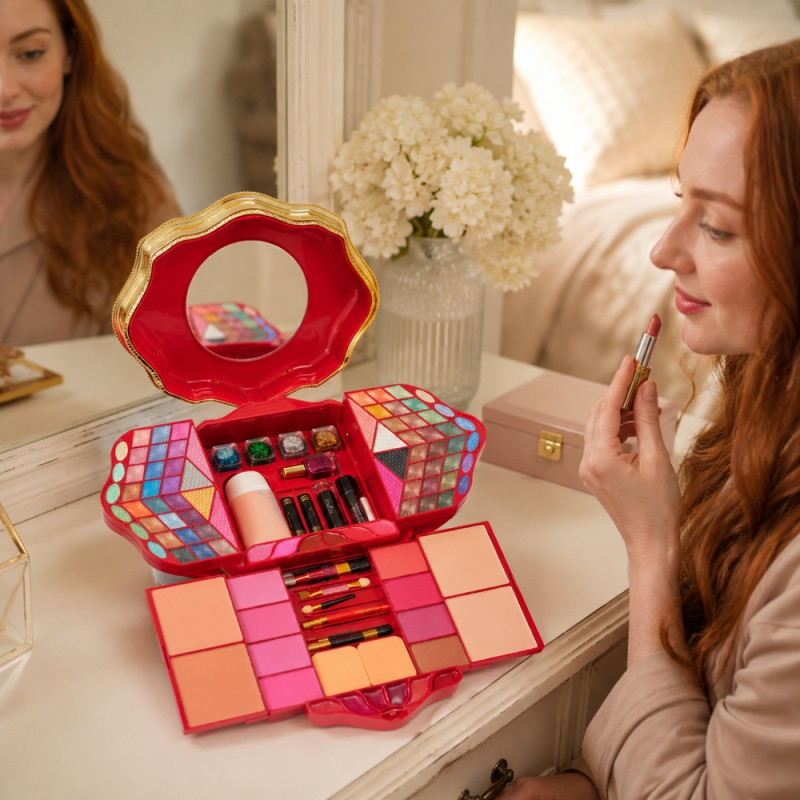 Ruby Glow Makeup Kit Designed for Daily Grooming &amp; Self-Care – Red (H-8.5, W-25, L-22 CM)