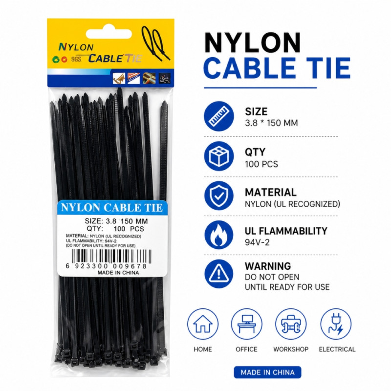 100-Piece Heavy-Duty Black Nylon Cable Ties – Black (150mm x 3.8mm)