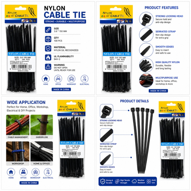 100-Piece Heavy-Duty Black Nylon Cable Ties – Black (150mm x 3.8mm)
