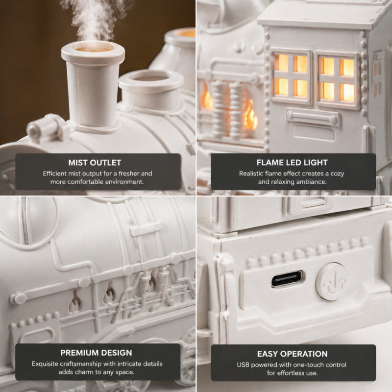 Professional Retro Steam Train Aroma Diffuser & Humidifier – Classic White (24cm)
