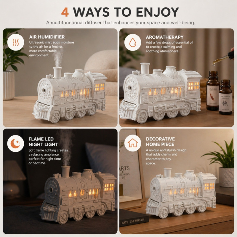 Professional Retro Steam Train Aroma Diffuser & Humidifier – Classic White (24cm)