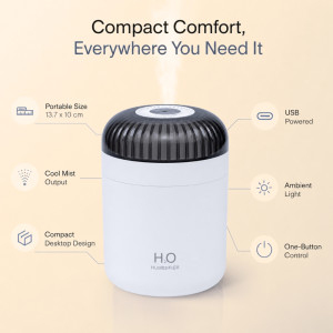 White H2O Branded Personal Portable Humidifier with a Gray Top and Night Light Functionality – 13.7 x 10cm – White White H2O Branded Personal Portable Humidifier with a Gray Top and Night Light Functionality – 13.7 x 10cm – White