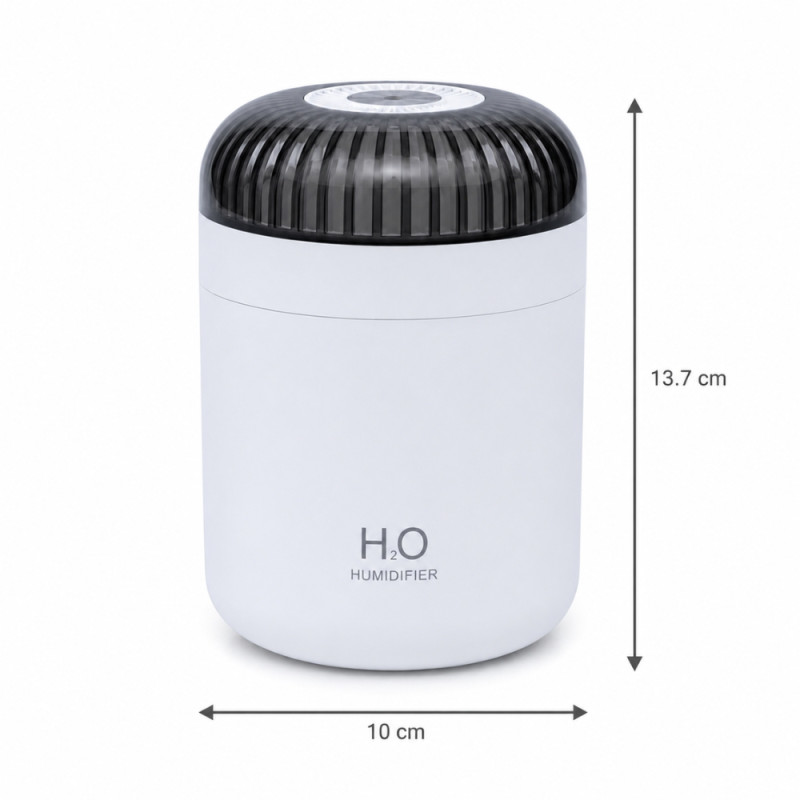 White H2O Branded Personal Portable Humidifier with a Gray Top and Night Light Functionality – 13.7 x 10cm – White