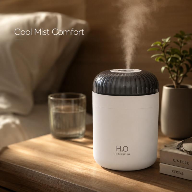 White H2O Branded Personal Portable Humidifier with a Gray Top and Night Light Functionality – 13.7 x 10cm – White