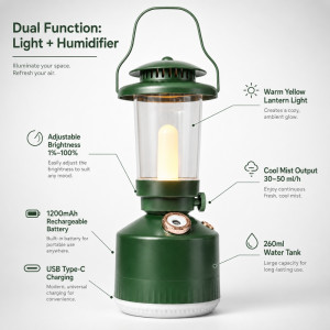 vintage-style green multifunctional lamp and humidifier, featuring a portable design suitable for camping and indoor use.; 229 x 100mm; Green