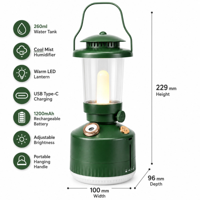vintage-style green multifunctional lamp and humidifier, featuring a portable design suitable for camping and indoor use.; 229 x 100mm; Green
