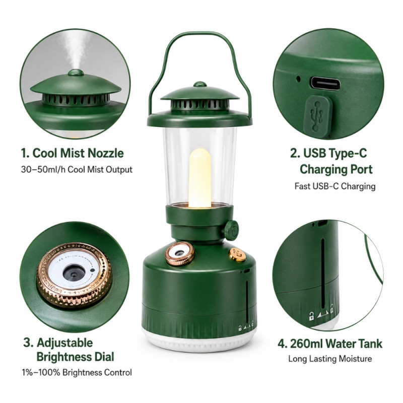 vintage-style green multifunctional lamp and humidifier, featuring a portable design suitable for camping and indoor use.; 229 x 100mm; Green