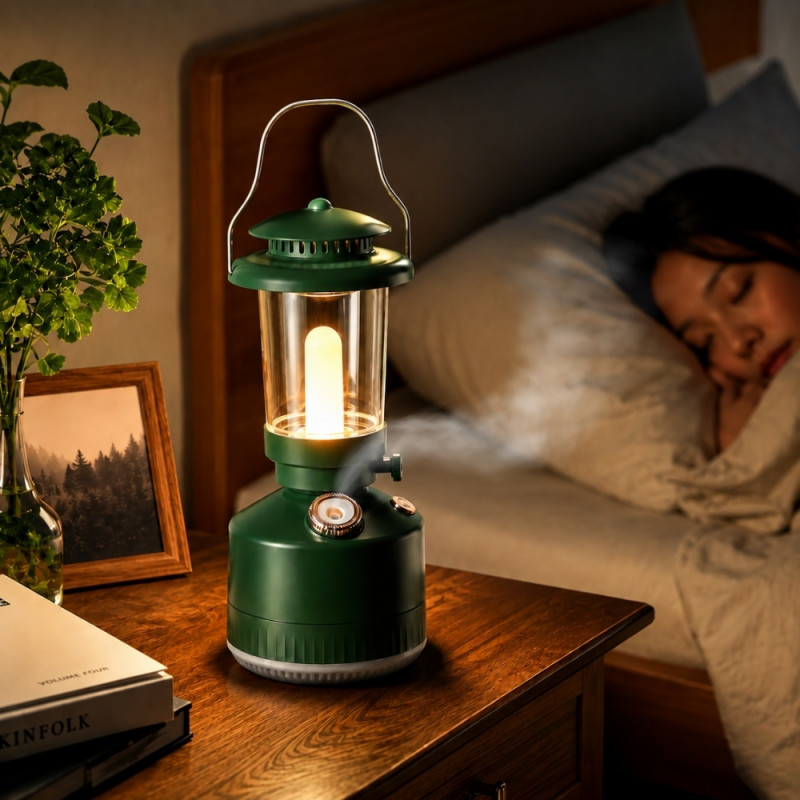 vintage-style green multifunctional lamp and humidifier, featuring a portable design suitable for camping and indoor use.; 229 x 100mm; Green