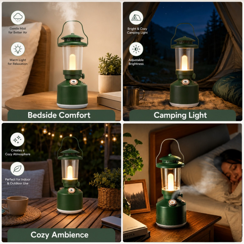 vintage-style green multifunctional lamp and humidifier, featuring a portable design suitable for camping and indoor use.; 229 x 100mm; Green