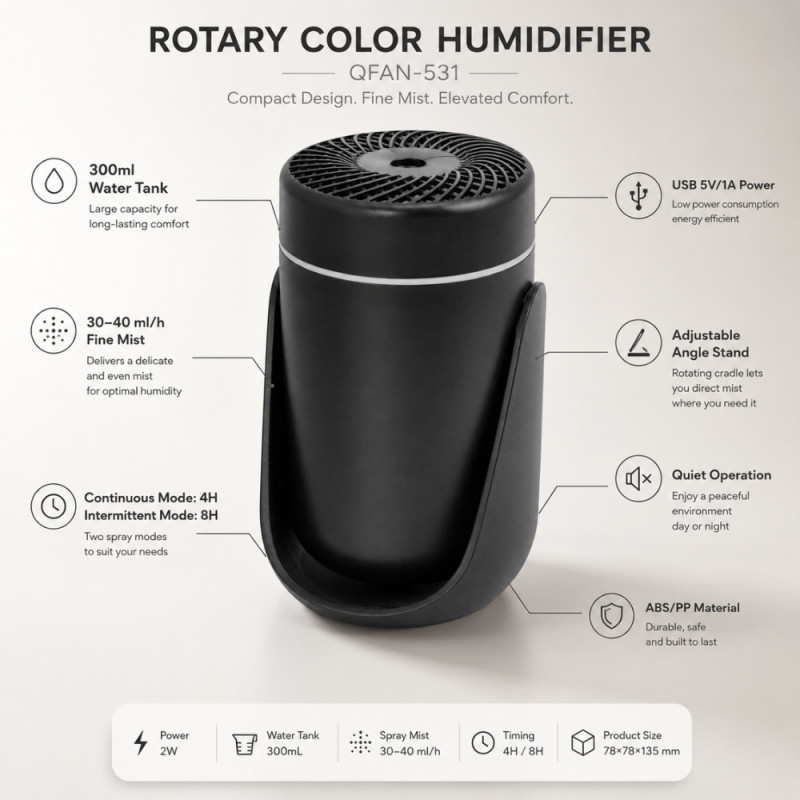 Black USB-Powered Mini Humidifier and Essential Oil Diffuser for Home or Office Desks – 135 x 78mm – Black