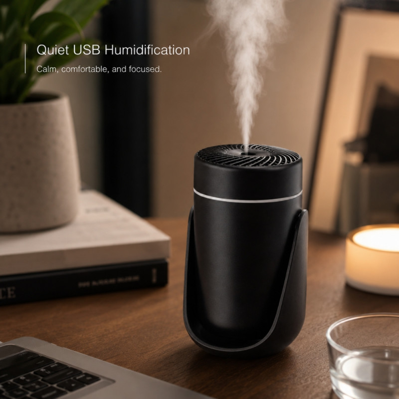 Black USB-Powered Mini Humidifier and Essential Oil Diffuser for Home or Office Desks – 135 x 78mm – Black