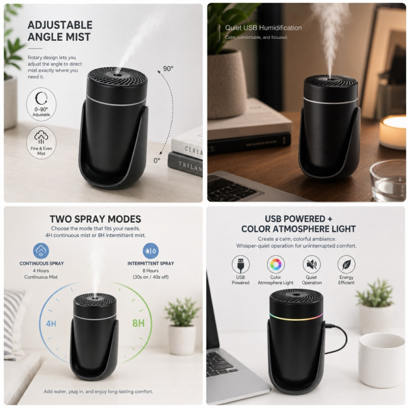 Black USB-Powered Mini Humidifier and Essential Oil Diffuser for Home or Office Desks – 135 x 78mm – Black