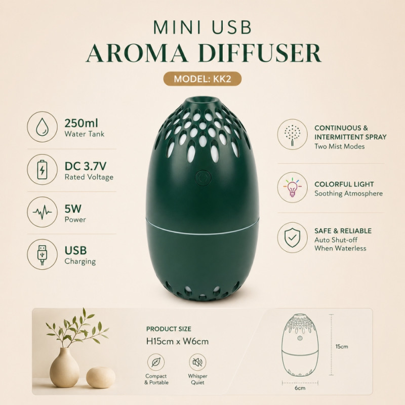 Professional Portable USB Cool Mist Humidifier & Aroma Diffuser – Forest Green (16cm)