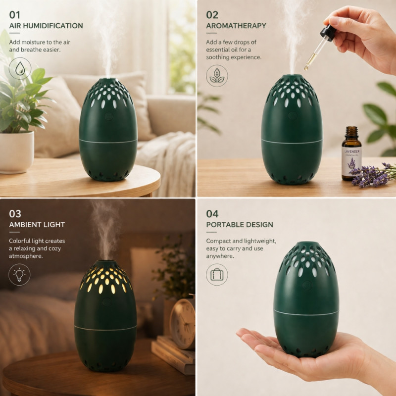 Professional Portable USB Cool Mist Humidifier & Aroma Diffuser – Forest Green (16cm)