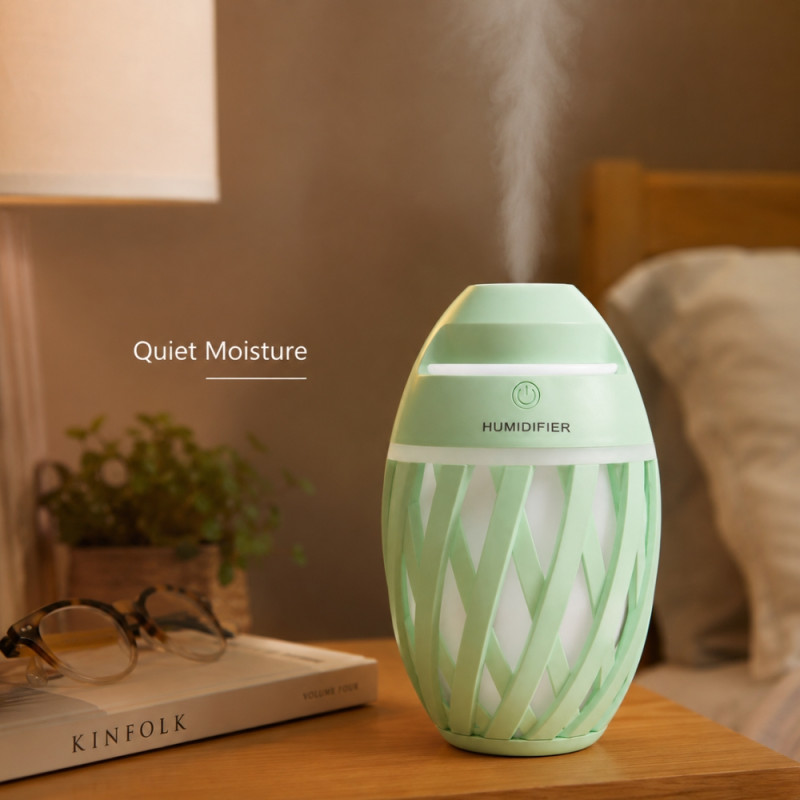 Generics olive-shaped USB ultrasonic portable air humidifier with colorful LED night light.; 150 x 90mm; Pale Green