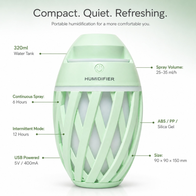 Generics olive-shaped USB ultrasonic portable air humidifier with colorful LED night light.; 150 x 90mm; Pale Green