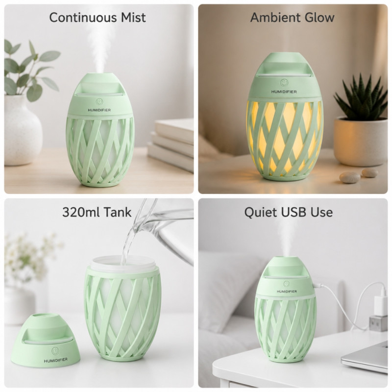 Generics olive-shaped USB ultrasonic portable air humidifier with colorful LED night light.; 150 x 90mm; Pale Green