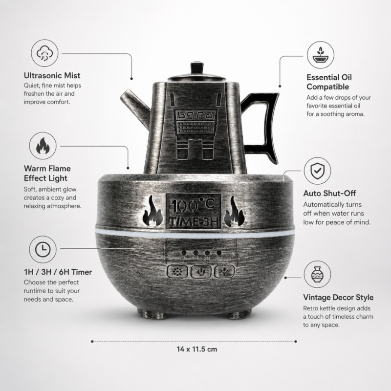 Retro Teapot-Shaped Ultrasonic Essential Oil Diffuser and Cool Mist Humidifier – 14 x 11.5cm – Silver