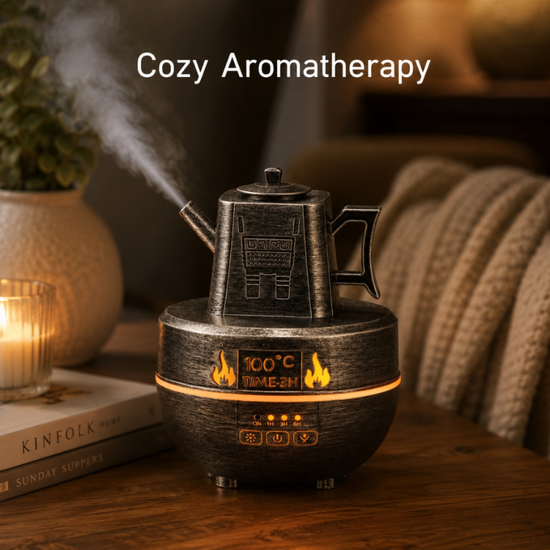 Retro Teapot-Shaped Ultrasonic Essential Oil Diffuser and Cool Mist Humidifier – 14 x 11.5cm – Silver