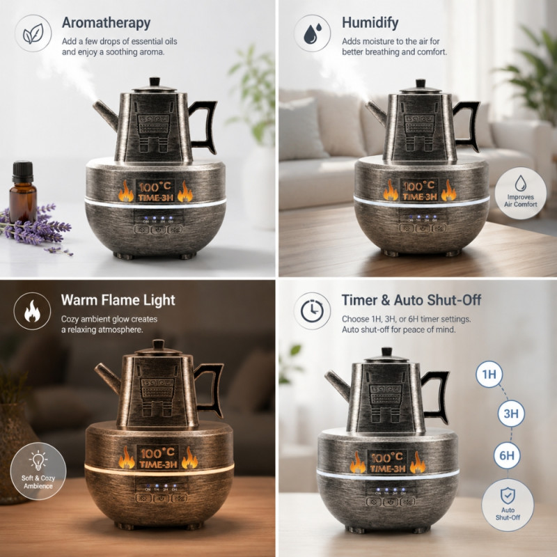 Retro Teapot-Shaped Ultrasonic Essential Oil Diffuser and Cool Mist Humidifier – 14 x 11.5cm – Silver