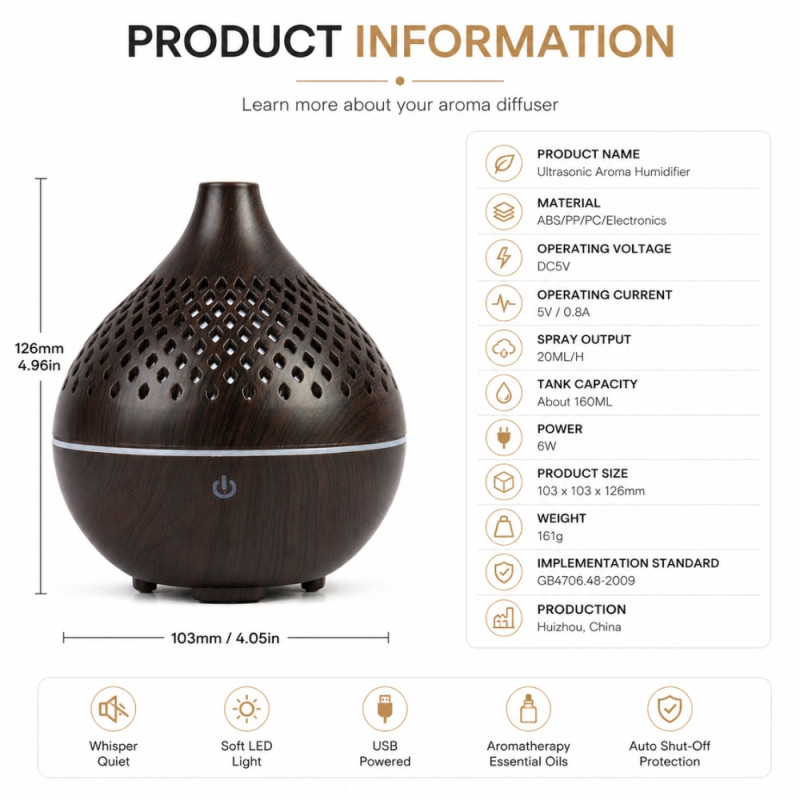 Professional Hollow Ultrasonic Aroma Diffuser & Air Humidifier – Dark Wood Grain (12.6cm)