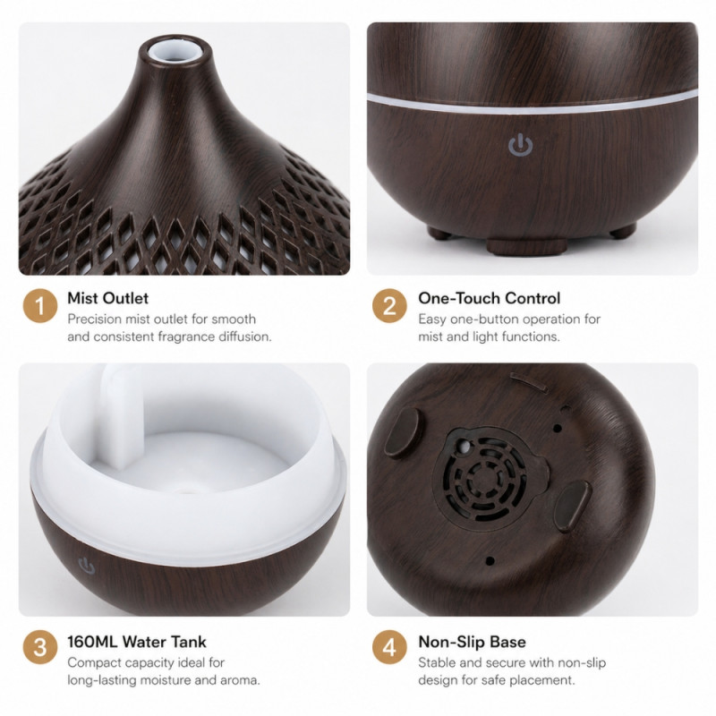 Professional Hollow Ultrasonic Aroma Diffuser & Air Humidifier – Dark Wood Grain (12.6cm)