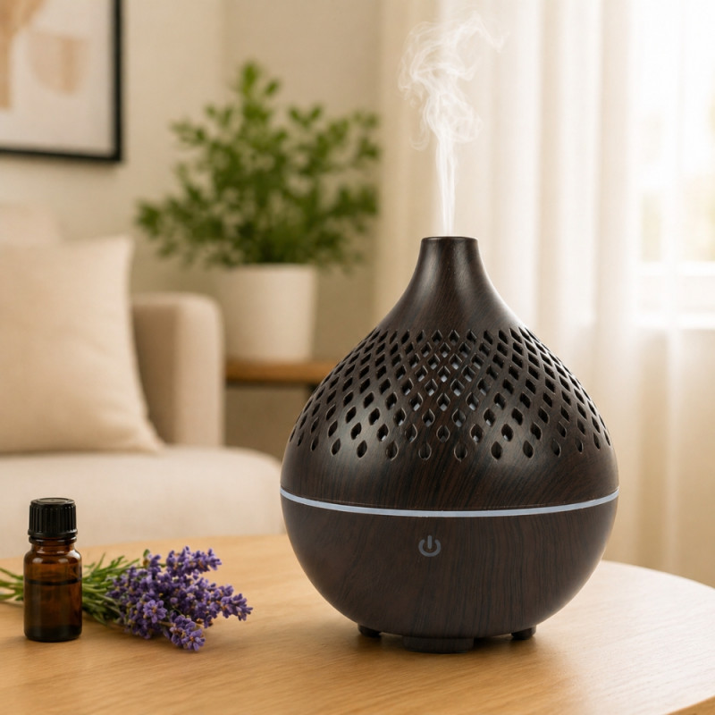 Professional Hollow Ultrasonic Aroma Diffuser & Air Humidifier – Dark Wood Grain (12.6cm)