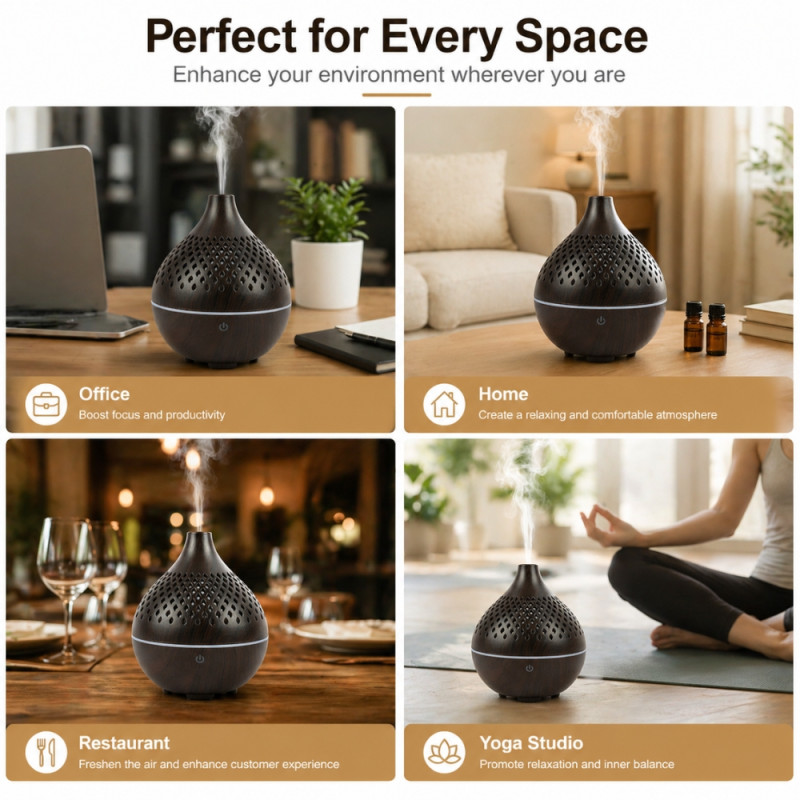 Professional Hollow Ultrasonic Aroma Diffuser & Air Humidifier – Dark Wood Grain (12.6cm)
