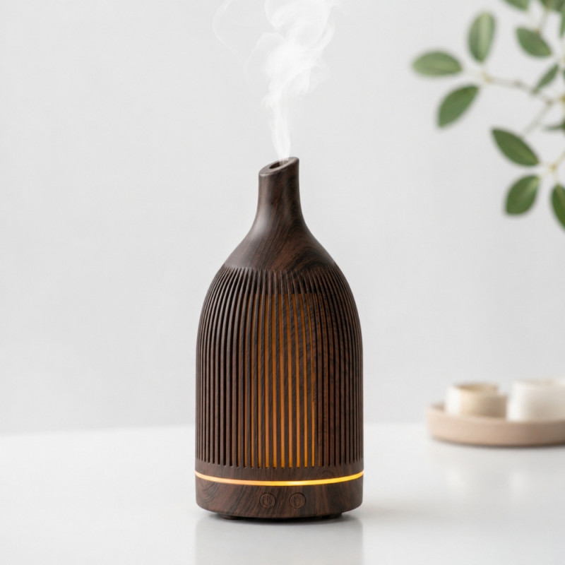 Professional Ultrasonic Aromatherapy Oil Diffuser – Elegant Dark Wood Finish (21cm)
