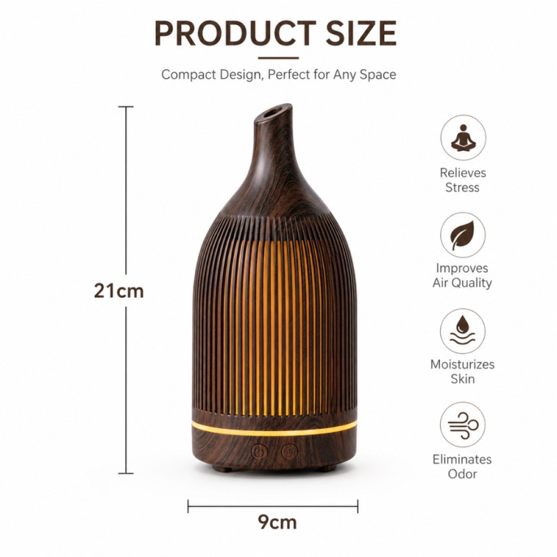 Professional Ultrasonic Aromatherapy Oil Diffuser – Elegant Dark Wood Finish (21cm)