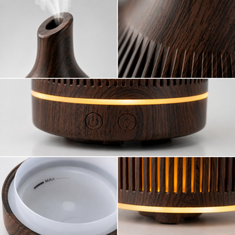 Professional Ultrasonic Aromatherapy Oil Diffuser – Elegant Dark Wood Finish (21cm)