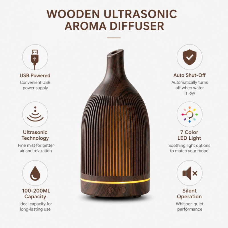 Professional Ultrasonic Aromatherapy Oil Diffuser – Elegant Dark Wood Finish (21cm)