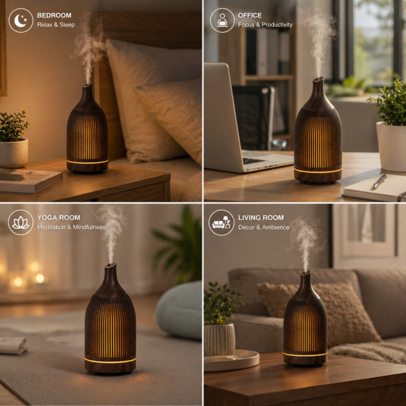 Professional Ultrasonic Aromatherapy Oil Diffuser – Elegant Dark Wood Finish (21cm)