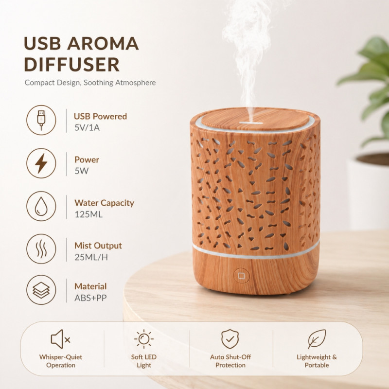 Professional Hollow Wood-Grain Portable USB Aroma Diffuser & Humidifier (13cm)