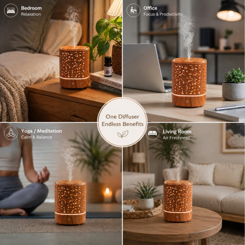 Professional Hollow Wood-Grain Portable USB Aroma Diffuser & Humidifier (13cm)
