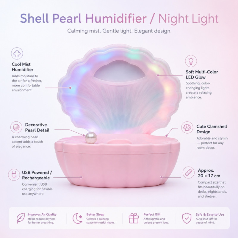 3-in-1 Multifunctional Pearl Shell Night Light with Bluetooth Speaker and Desktop Humidifier – 20 x 17cm – Pink