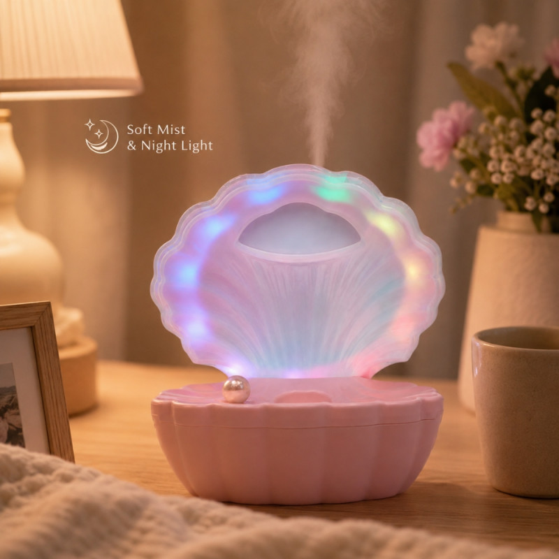 3-in-1 Multifunctional Pearl Shell Night Light with Bluetooth Speaker and Desktop Humidifier – 20 x 17cm – Pink