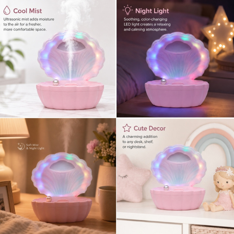 3-in-1 Multifunctional Pearl Shell Night Light with Bluetooth Speaker and Desktop Humidifier – 20 x 17cm – Pink