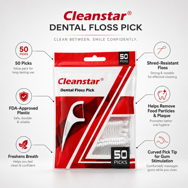 Cleanstar Polymer Dental Floss Picks – 50-Count Pack – White