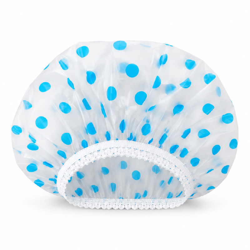 Reusable Blue Polka Dot Waterproof Shower Cap with Elastic Band – 24 x 2 cm – White & Blue