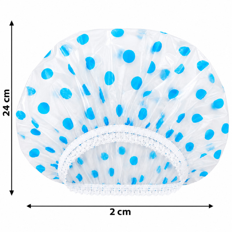 Reusable Blue Polka Dot Waterproof Shower Cap with Elastic Band – 24 x 2 cm – White & Blue