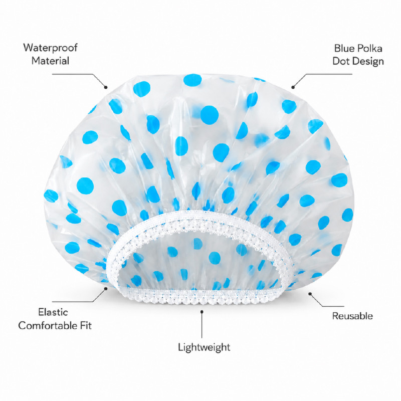 Reusable Blue Polka Dot Waterproof Shower Cap with Elastic Band – 24 x 2 cm – White & Blue