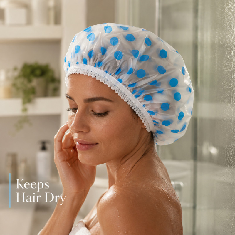 Reusable Blue Polka Dot Waterproof Shower Cap with Elastic Band – 24 x 2 cm – White & Blue