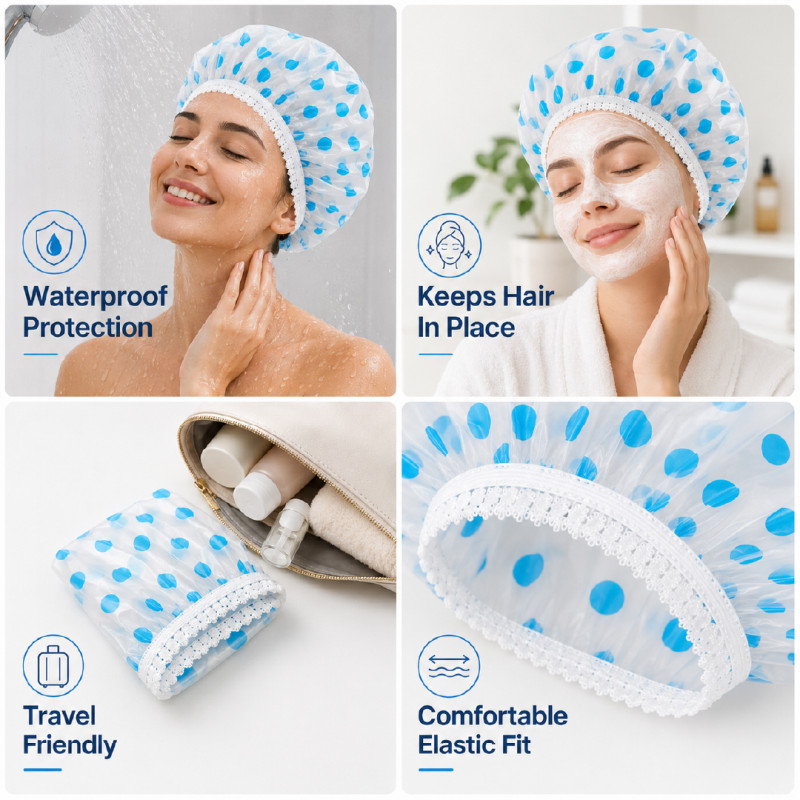 Reusable Blue Polka Dot Waterproof Shower Cap with Elastic Band – 24 x 2 cm – White & Blue