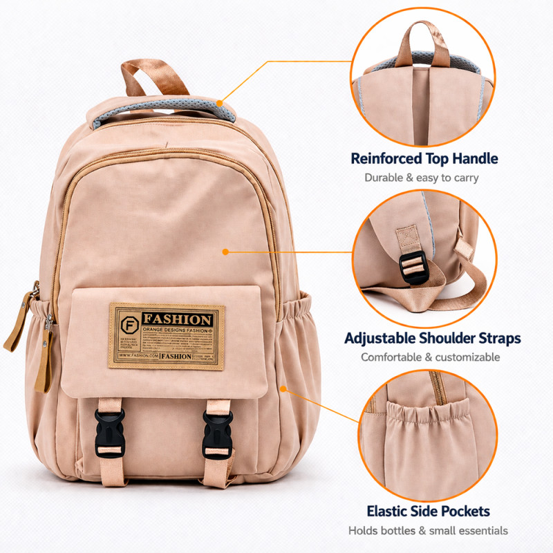 Fashion Orange Designs Multi-Pocket Backpack – Beige (43cm)