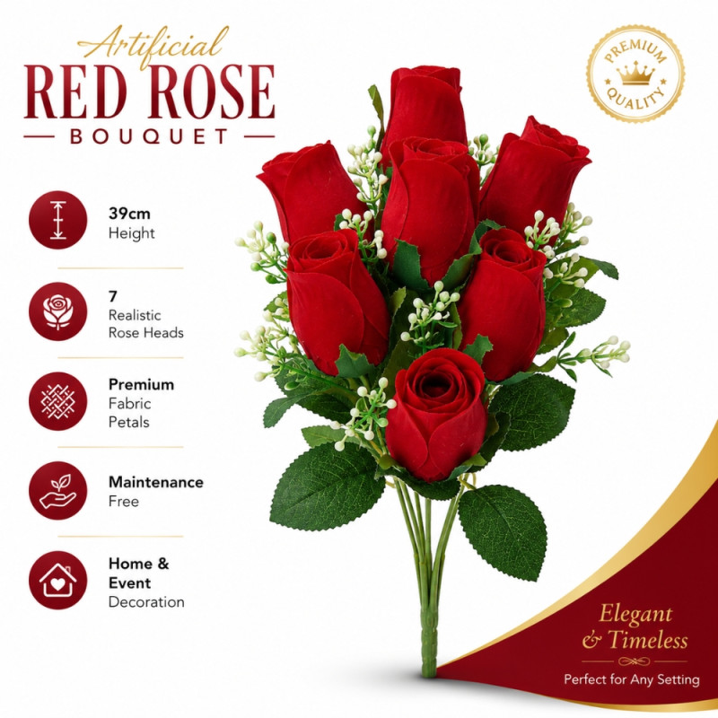 Crimson Touch Artificial Rose Bouquet Designed for Home Décor & Event Styling – Red (H-39 CM)