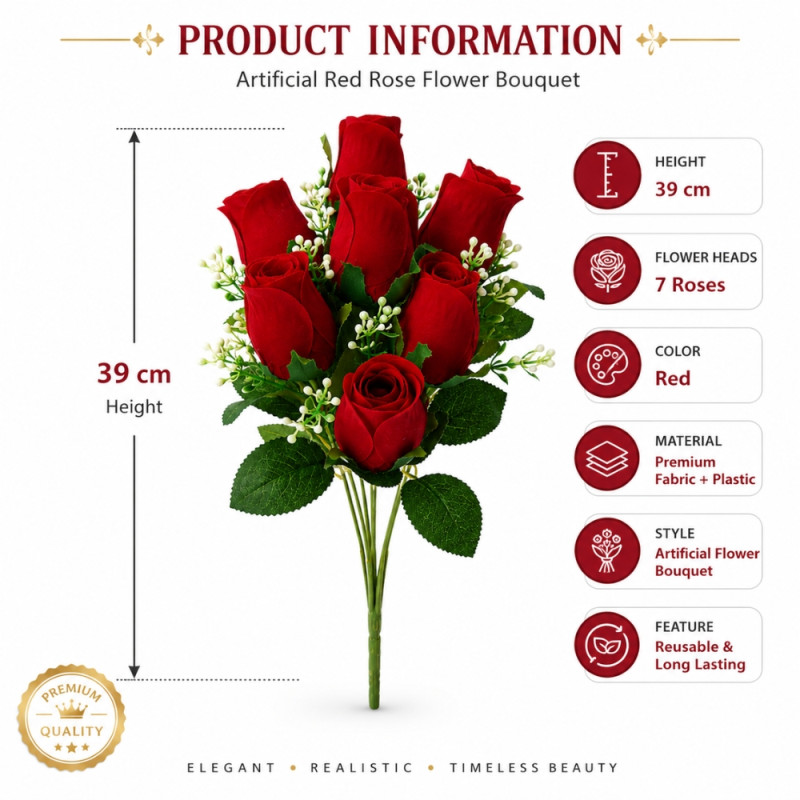 Crimson Touch Artificial Rose Bouquet Designed for Home Décor & Event Styling – Red (H-39 CM)