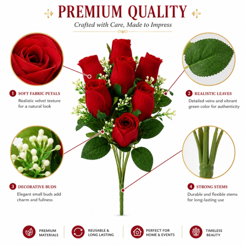 Crimson Touch Artificial Rose Bouquet Designed for Home Décor & Event Styling – Red (H-39 CM)