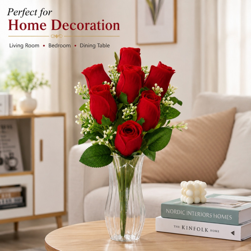 Crimson Touch Artificial Rose Bouquet Designed for Home Décor & Event Styling – Red (H-39 CM)