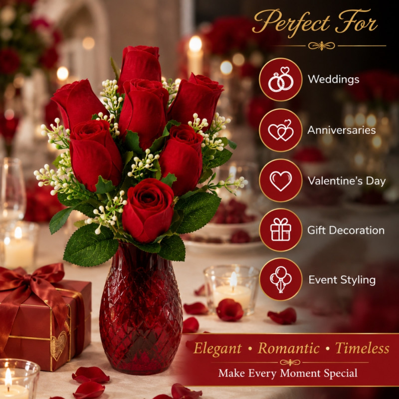 Crimson Touch Artificial Rose Bouquet Designed for Home Décor & Event Styling – Red (H-39 CM)